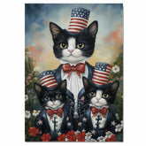 Mother Tuxedo Cat and Two Kittens in Patriotic Uncle Sam Outfits with American Flags and Red Bow Ties in Garden Setting on Ready to Hang 1.5" Thick Canvas Wrap, Floating Framed Canvas, Flat Rolled Canvas